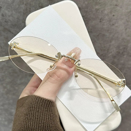 2026 Diamond Letter "F" Rimless Sunglasses Women Luxury Brand Metal Frame Black Small Oval Sun Glasses Unsiex Elegant Shades